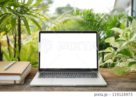 Laptop and notebook plant pot on wooden table relaxing working  at the gardening 119128973