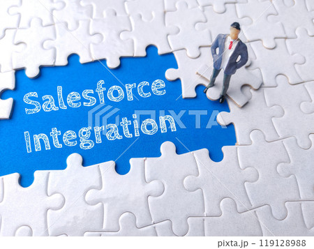 Miniature businessman on a white puzzle with text Salesforce Integration. 119128988