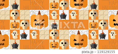 Geometric seamless pattern Bauhaus Halloween of abstract modern shapes with horror holiday characters. Geometric seamless pattern Bauhaus Halloween of abstract modern shapes with horror holiday characters. 119129155