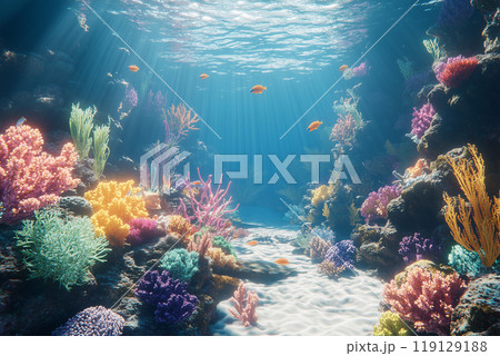 Vibrant Coral Reef Underwater Scene with Colorful Fish 119129188