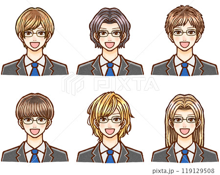 様々なヘアスタイルのスーツ姿の大人男性のイラスト素材セット 119129508