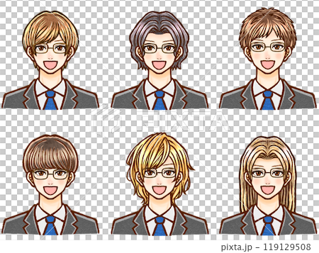 様々なヘアスタイルのスーツ姿の大人男性のイラスト素材セット 119129508