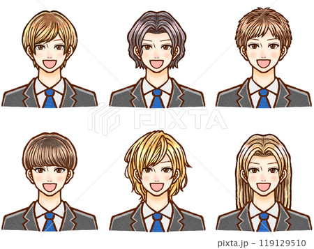 様々なヘアスタイルのスーツ姿の大人男性のイラスト素材セット3 119129510