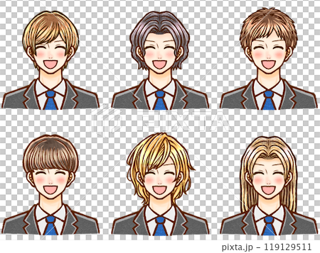 Set of 4 illustrations of adult men in suits with various hairstyles Set of 4 illustrations of adult men in suits with various hairstyles 119129511