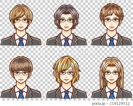 Set of 5 illustrations of adult men in suits with various hairstyles Set of 5 illustrations of adult men in suits with various hairstyles 119129512