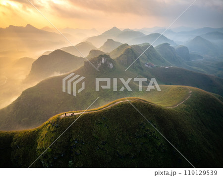 Aerial drone view of Ba Quang grass hill in Vinh Quy commune, Ha Lang district, Cao Bang, Vietnam 119129539