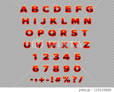 Abstract red alphabet isolated on transparent background. Glossy vector alphabet letters and numbers set. Modern dynamic 3d font 119129880