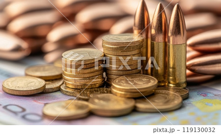 Coins and Bullets on Currency Background Reflecting Economic and Security Themes, AI 119130032