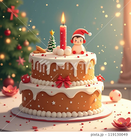 クリスマスケーキのイラストです。楽しくてハッピーな雰囲気です。キラキラ装飾で暖か味があります。 クリスマスケーキのイラストです。楽しくてハッピーな雰囲気です。キラキラ装飾で暖か味があります。 119130049