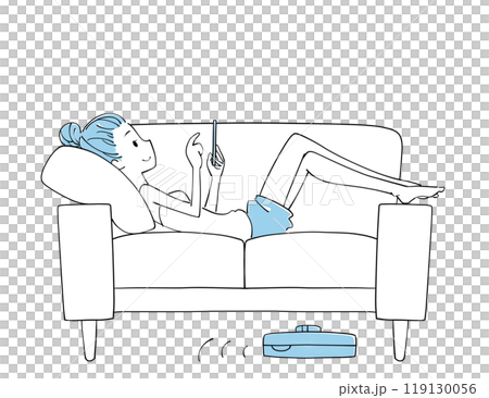 Cleaning robot Woman relaxing on the sofa while looking at her mobile phone Cleaning robot Woman relaxing on the sofa while looking at her mobile phone 119130056