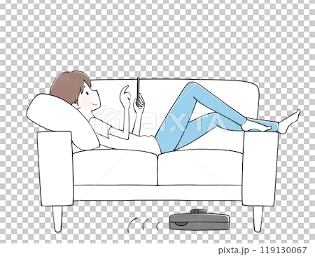 お掃除ロボット　ソファで携帯を見ながらくつろぐ男性 119130067