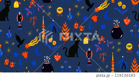 Magical witch background pattern, seamless texture, black cat silhouette, crows, dried herbs and poisons in bottles. Cute helloween backdrop 119130165