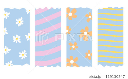Washi tape, masking tape designs with flowers and wavy lines. Each isolated on white background. 119130247