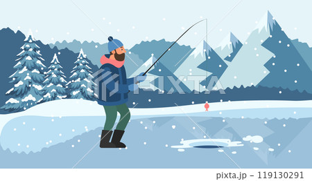 Man on winter fishing. Fisherman with a fishing rod on the background of a winter landscape. Hobby concept. Illustration 119130291