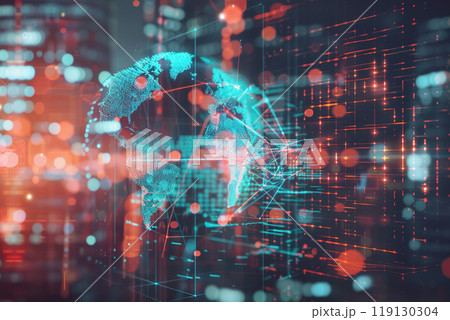 Digital world map with dynamic light connections across continents, Network Visualization 119130304