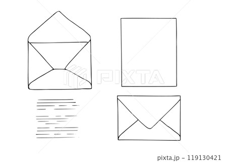 Open, close envelopes, blank paper, abstract text flat line vector isolated icons painted by black inks. Black and white drawing of monochrome message template for mailing list, post office. 119130421
