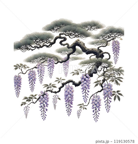 松にかかる藤の花　情景画　白背景　Generative AIイラスト 119130578
