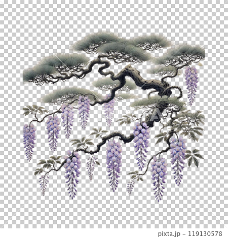 松にかかる藤の花　情景画　白背景　Generative AIイラスト 119130578