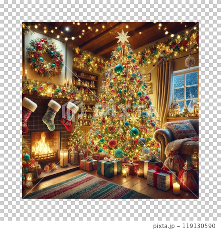 暖炉のあるダイニングルームで、大きなクリスマスツリーとデコレーション　AI制作 119130590