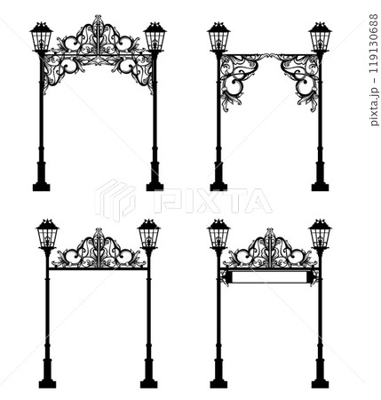 antique wrought arch entrance with street lights black and white vector set antique wrought arch entrance with street lights black and white vector set 119130688