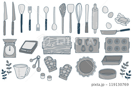 キッチン道具の単色イラストセット キッチン道具の単色イラストセット 119130769
