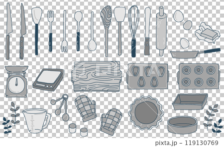 キッチン道具の単色イラストセット キッチン道具の単色イラストセット 119130769