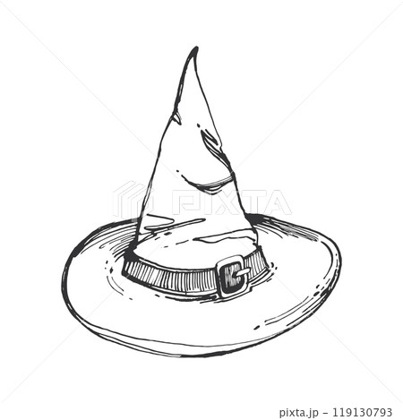 Witch or wizard hat with belt, hand drawn in black ink on white background. Vector illustration, hat. Illustration for Halloween, printing on cards, invitations, for printing on fabric, paper, decor. 119130793