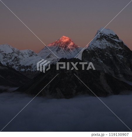 Last sunlight of the day enlighting Mt Everest in autumn, Nepal. 119130907