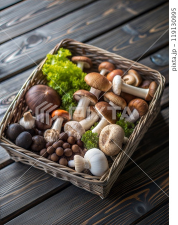 Wicker Tray with Assortment of Raw Mushrooms 119130995