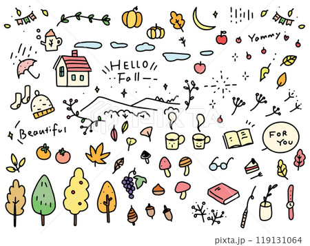 秋ーかわいい落書きー見出しの手描きシンプルカラー線画ベクターイラストセット素材 119131064