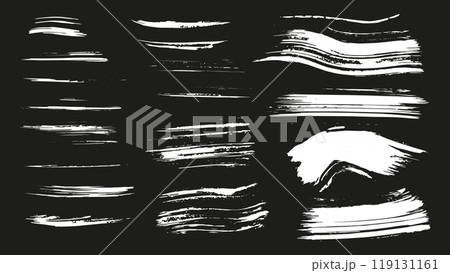 Set of curved and straight white lines made in ink for design, grunge line collection, collection of fuzzy bold horizontal lines for grunge style design, set of black ink strokes, grunge wallpapers 119131161