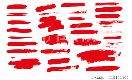 Set of drawn grunge red brush strokes isolated on white background, paintbrush vector collection, painted rectangular diagonal shapes of different shapes and thicknesses, set of strokes for text Set of drawn grunge red brush strokes isolated on white background, paintbrush vector collection, painted rectangular diagonal shapes of different shapes and thicknesses, set of strokes for text 119131163