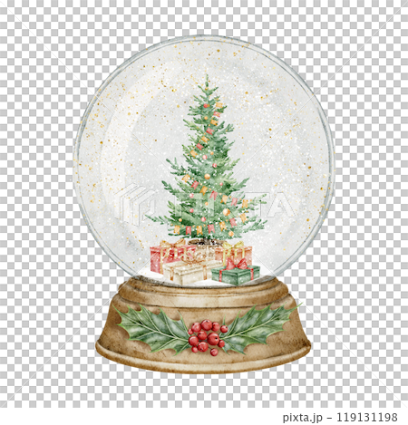 Snow Globe with Christmas Tree with gift boxes. Watercolor illustration of retro glass sphere with Spruce and gift boxes for Xmas greeting cards or New Year invitations. Drawing of round winter decor. Snow Globe with Christmas Tree with gift boxes. Watercolor illustration of retro glass sphere with Spruce and gift boxes for Xmas greeting cards or New Year invitations. Drawing of round winter decor. 119131198
