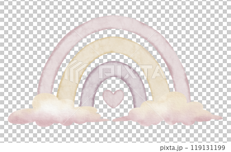 Floral Rainbow with clouds and heart. Watercolor illustration of sky object for Baby shower greeting cards or newborn invitations. Drawing for girls nursery wall art in pastel colors. Floral Rainbow with clouds and heart. Watercolor illustration of sky object for Baby shower greeting cards or newborn invitations. Drawing for girls nursery wall art in pastel colors. 119131199