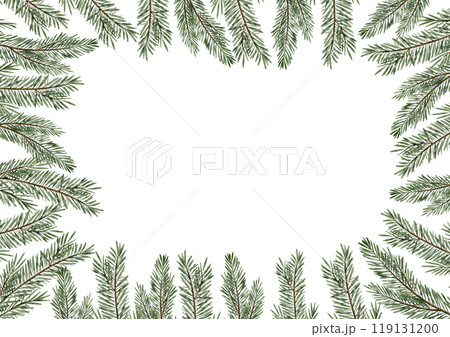 Frame with watercolor Christmas tree branches. Illustration of template for Xmas greeting cards or New Year invitations. Drawing of border with spruce twigs on isolated background. Botanical postcards Frame with watercolor Christmas tree branches. Illustration of template for Xmas greeting cards or New Year invitations. Drawing of border with spruce twigs on isolated background. Botanical postcards 119131200