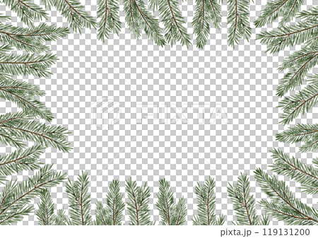 Frame with watercolor Christmas tree branches. Illustration of template for Xmas greeting cards or New Year invitations. Drawing of border with spruce twigs on isolated background. Botanical postcards Frame with watercolor Christmas tree branches. Illustration of template for Xmas greeting cards or New Year invitations. Drawing of border with spruce twigs on isolated background. Botanical postcards 119131200