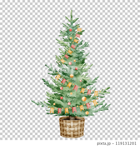 Watercolor Christmas Tree with garlands and lights in a wicker basket. Hand drawn Illustration for Holiday Greeting Cards and New Year Invitations on isolated background. Drawing of evergreen Fir tree Watercolor Christmas Tree with garlands and lights in a wicker basket. Hand drawn Illustration for Holiday Greeting Cards and New Year Invitations on isolated background. Drawing of evergreen Fir tree 119131201