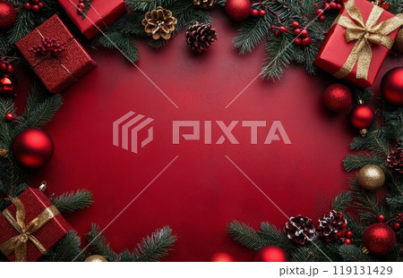 Festive Christmas decorations with ornaments and gifts arranged on a red background 119131429