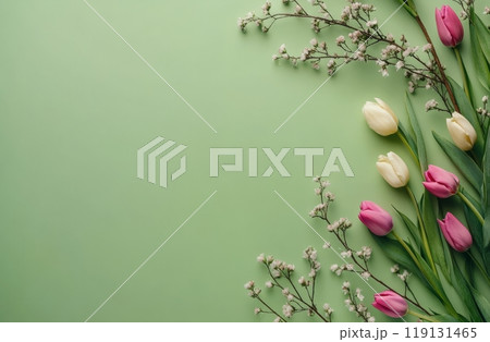Colorful tulips and delicate flowers arranged beautifully on a teal background in spring 119131465