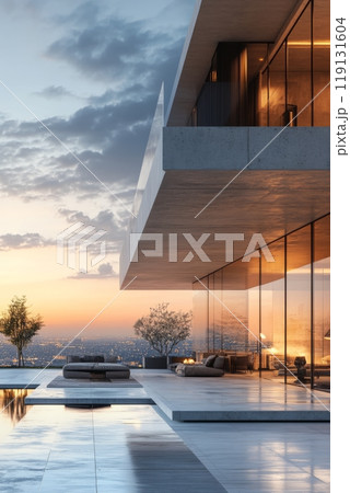 Modern luxury villa at sunset with open terrace and panoramic city views 119131604