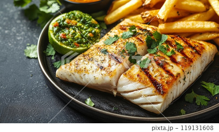 Grilled fish fillet served with crispy fries and fresh green sauce on a dark plate 119131608
