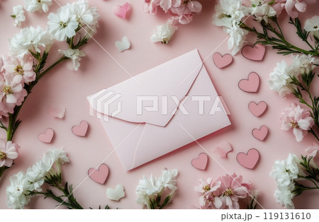 A beautiful arrangement of pink flowers and hearts surrounding a pink envelope on a soft background 119131610