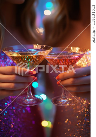 Two friends celebrating with cocktails at a stylish party dressed in sparkling outfits 119131613