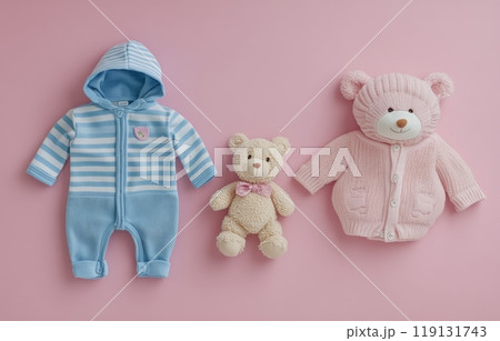 Sweet baby clothes and toys arranged on a soft pink background for a charming nursery display Sweet baby clothes and toys arranged on a soft pink background for a charming nursery display 119131743