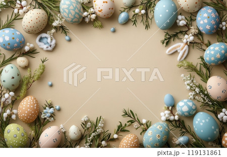 A charming arrangement of colorful Easter eggs and a bunny on a light background 119131861