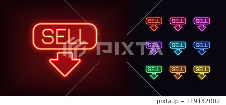 Outline neon sell icon set. Glowing neon sell button with down arrow, decline stock market. Stock exchange trading, forecast signal to Sell, falling share price, bearish stock market. Vector icons 119132002