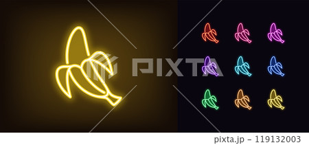 Outline neon banana icon set. Glowing neon banana fruit with opened peel, outline silhouette. Ripe tropical fruit, banana garden, organic food, fruit diet, summer vitamins, health food. Vector icons 119132003