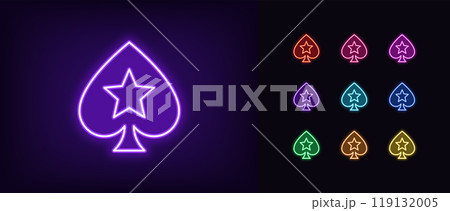 Outline neon poker spade icon set. Glowing neon spade suit with star icon, outline silhouette. Royal poker game, spades ace, play card suit, poker superstar, casino playroom, jackpot. Vector icons Outline neon poker spade icon set. Glowing neon spade suit with star icon, outline silhouette. Royal poker game, spades ace, play card suit, poker superstar, casino playroom, jackpot. Vector icons 119132005