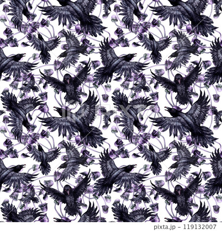 Seamless pattern with black ravens and purple toadstools. Watercolor illustration of magic birds in a realistic style on a white background. Template design element for Halloween prints, fairy tales 119132007