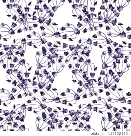 Seamless pattern with purple toadstools. Watercolor illustration of magic mushrooms in a realistic style on a white background. Template design element for Halloween prints, fairy tales 119132139